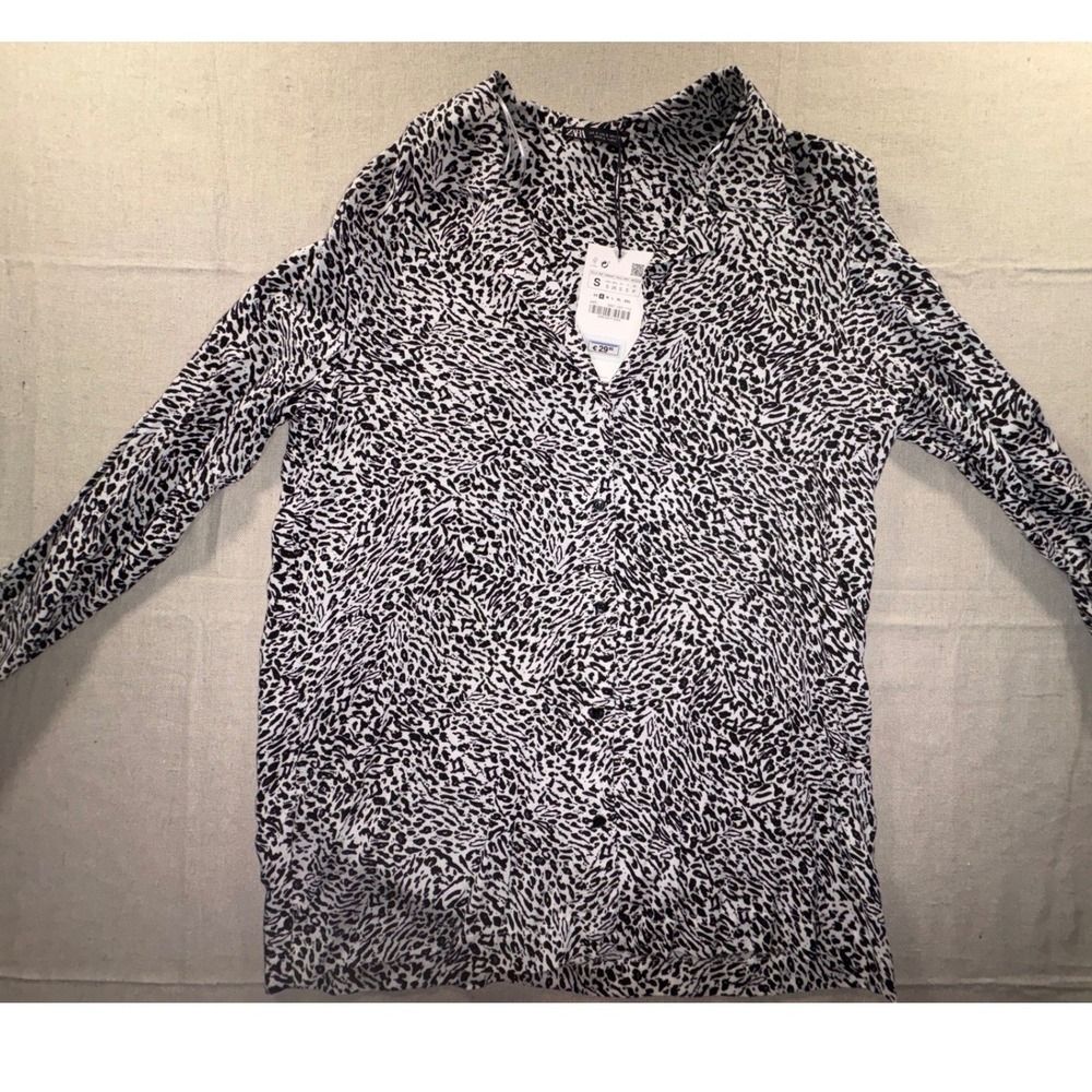 Zara Women Black White Animal Print Viscose Button Down Shirt Long Sleeve Small